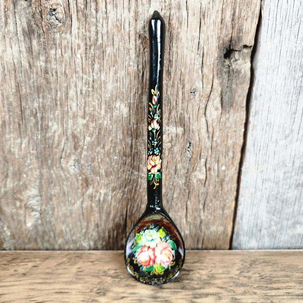 Vintage Russian Khokhloma Hand Painted Wooden Spoon Black Floral Folk Art